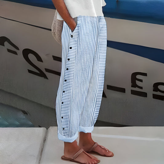 Lorenza | Lichte Zomerbroek met Dunne Strepen en Zijknopen voor Casual Chic Stijl