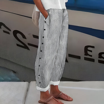 Lorenza | Lichte Zomerbroek met Dunne Strepen en Zijknopen voor Casual Chic Stijl